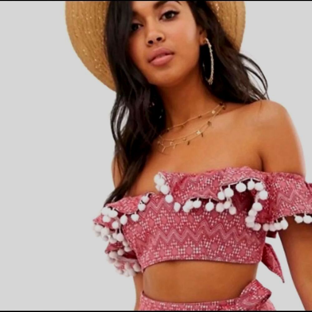 ASOS Cropped Off-Shoulder Top – Pom Pom Trim, Size S New